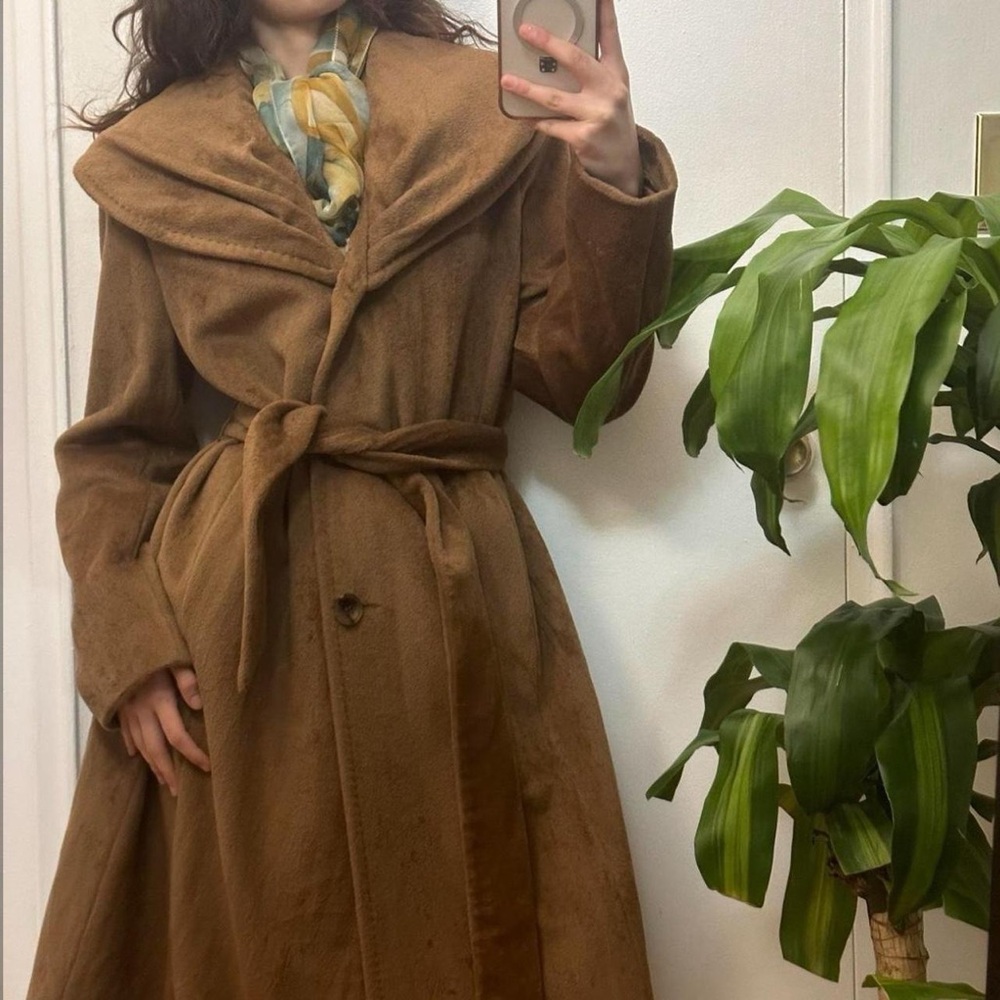 Vintage Anne Klein Belted Brown Wool Trench Coat/OverCoat Size Medium